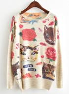 Oasap Round Neck Long Sleeve Printed Sweater