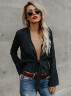 Oasap Deep V Neck Flare Sleeve Polka Dot Bow Blouse
