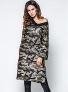 Oasap V Neck 3/4 Sleeve Camo Printed Slit Dress