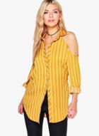 Oasap Fashion Cutout Shoulder Long Sleeve Striped Button Down Shirt