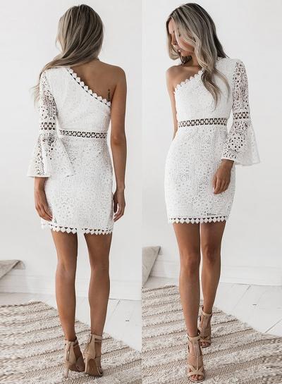 Oasap One Shoulder Solid Color Lace Dress