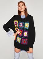 Oasap Crochet Floral Drop Shoulder Sweater