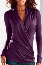 Oasap Solid Color Faux Wrap Long Sleeve Top