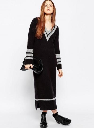 Oasap Women's Color Block Side Slit Sweater Dress