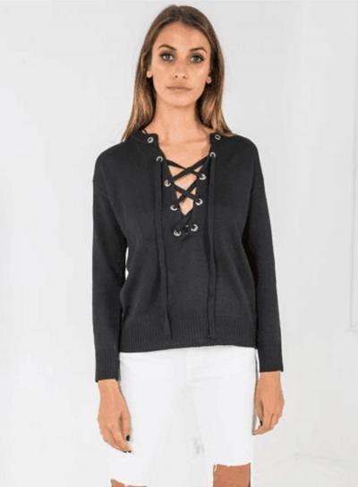 Oasap Round Neck Long Sleeve Lace Up Solid Sweaters