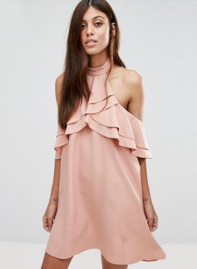 Oasap Halter Short Sleeve Ruffles Backless Mini Dress