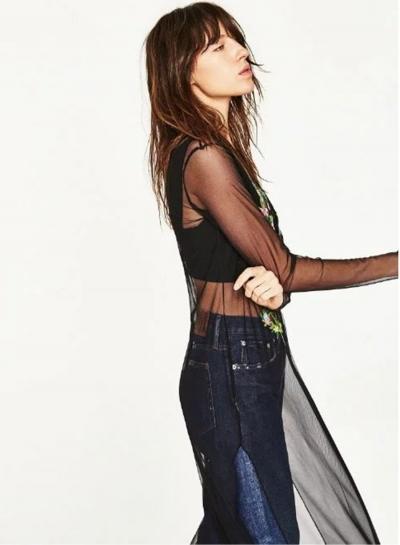 Oasap Black Floral Embroidery Sheer Dress