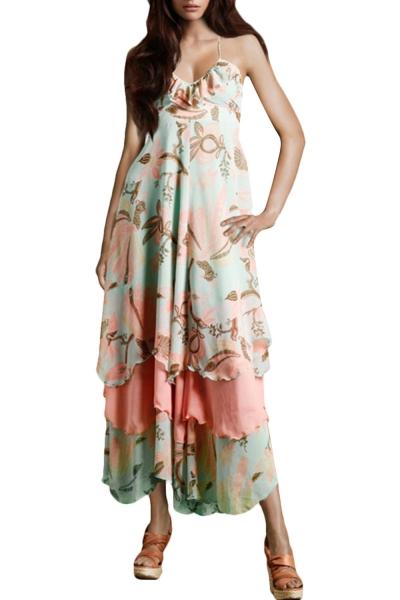 Oasap Women's Spaghetti Strap V Neck Floral Print Layered Maxi Dress