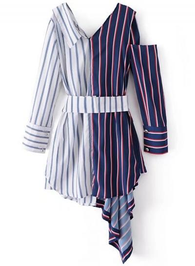 Oasap Off Shoulder Long Sleeve Contrast Irregular Shirt Dress