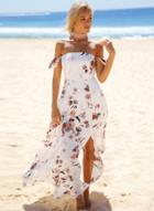 Oasap Floral Print Slash Neck High Slit Dress