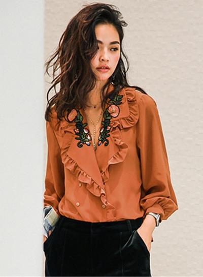 Oasap Long Sleeve Floral Embroidery Ruffle Shirt