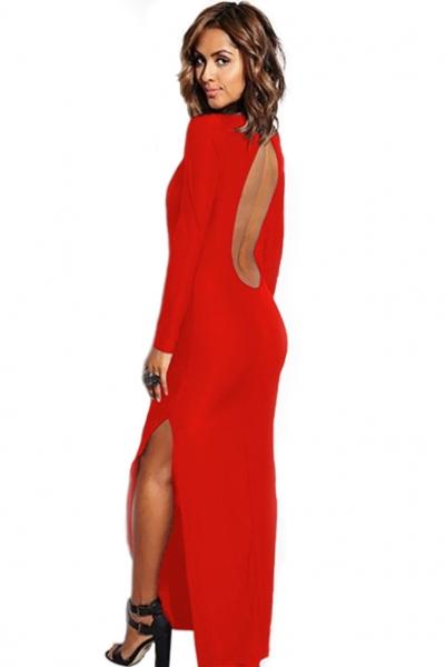 Oasap Red Long Sleeve V-neck Split Maxi Dress