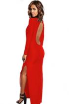Oasap Red Long Sleeve V-neck Split Maxi Dress