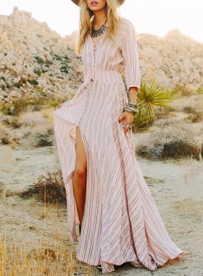 Oasap Fashion Striped V Neck Long Sleeve Front Slit Maxi Dress