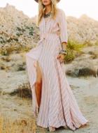 Oasap Fashion Striped V Neck Long Sleeve Front Slit Maxi Dress