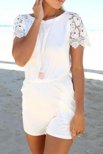 Oasap Fashion White Lace Sleeves Rompers