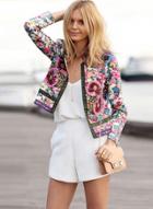 Oasap Round Neck Long Sleeve Floral Printed Open Front Coat