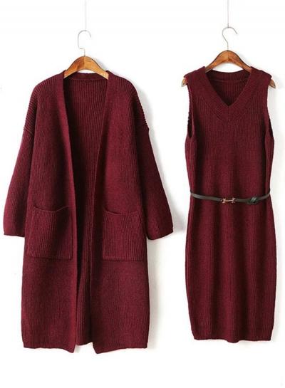 Oasap Solid Color Long Sleeve Open Front Cardigan Sweater Set