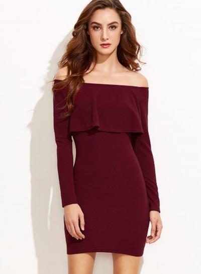 Oasap Slash Neck Long Sleeve Flounce Hem Bodycon Dress