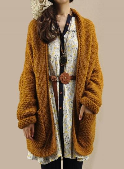 Oasap Solid Open Front Loose Knit Cardigan With Pocket