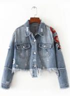 Oasap Floral Embroidery Button Down Denim Jacket