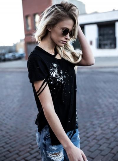 Oasap Casual Short Sleeve Ripped Irregular Tee