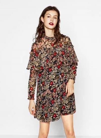 Oasap Fashion Long Sleeve Floral Ruffle Dress