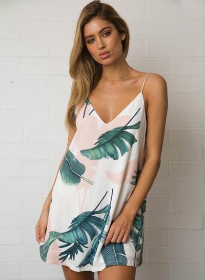 Oasap Leaf Print Spaghetti Strap Backless Mini Dress