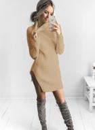 Oasap High Neck Long Sleeve Solid Color Side Slit Knit Sweater