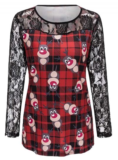 Oasap Christmas Print Lace Panel Round Neck Long Sleeve Tee Shirt
