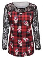 Oasap Christmas Print Lace Panel Round Neck Long Sleeve Tee Shirt