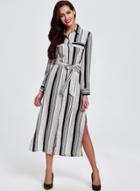 Oasap Turn-down Collar Long Sleeve Striped Midi Dress With Belt