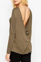 Oasap Scoop Back Round Neck Long Sleeve Knit Tee