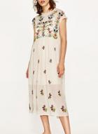 Oasap Round Neck Floral Embroidery Midi Dress