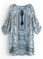 Oasap V Neck Three Quarter Length Sleeve Blue Floral Printed Dress