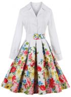 Oasap Turn-down Collar Long Sleeve Floral Print A-line Dress