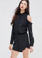 Oasap Open Shoulder Ruffled Stand Collar Romper