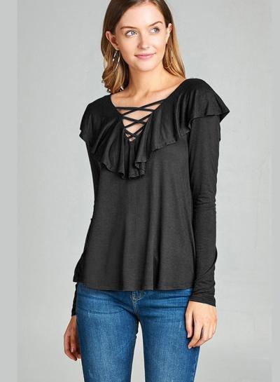 Oasap Solid Color Long Sleeve Flounce Panel Tee Shirt