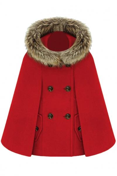Oasap Women's Double Breasted Faux Fur Hooded Cloak Coat