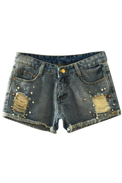 Oasap Favorite Destroyed Faux Pearl Beaded Denim Shorts