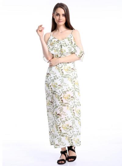 Oasap Lemon Leaves Spaghetti Strap Off Shoudler Maxi Dress