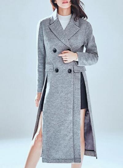 Oasap Turn Down Collar Long Sleeve Double Breasted Slit Coat