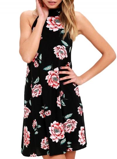 Oasap Floral Halter Off Shoulder Sleeveless Mini Dress