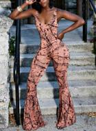 Oasap Slim Floral Printed Backless Round Neck Boot Cut Jumpsuit