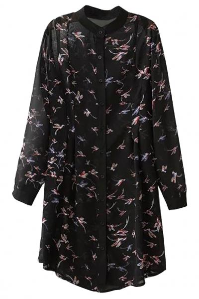 Oasap Humming Bird Print Button Down Longline Shirt
