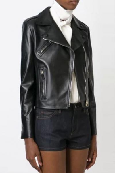 Oasap Fashion Pu Turn Down Collar Zip Front Jacket