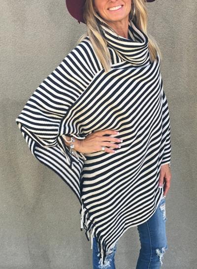 Oasap Turtleneck Striped Tassels Decoration Cloak Design Sweater