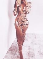 Oasap Deep V Neck Long Sleeve High Slit Floral Print Bodycon Dress