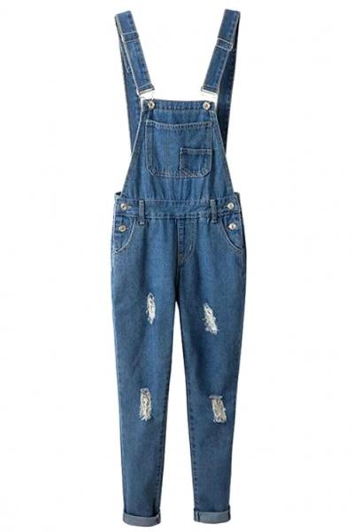 Oasap Casual Blue Distressed Denim Overalls