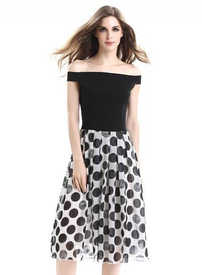 Oasap Polka Dot Slash Neck Off Shoulder A-line Dress